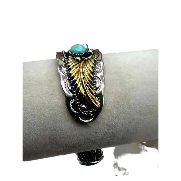 NEW Silver Gold Accents Faux Turquoise Stone Red Stone Boho Bracelet - Picture 4 of 11